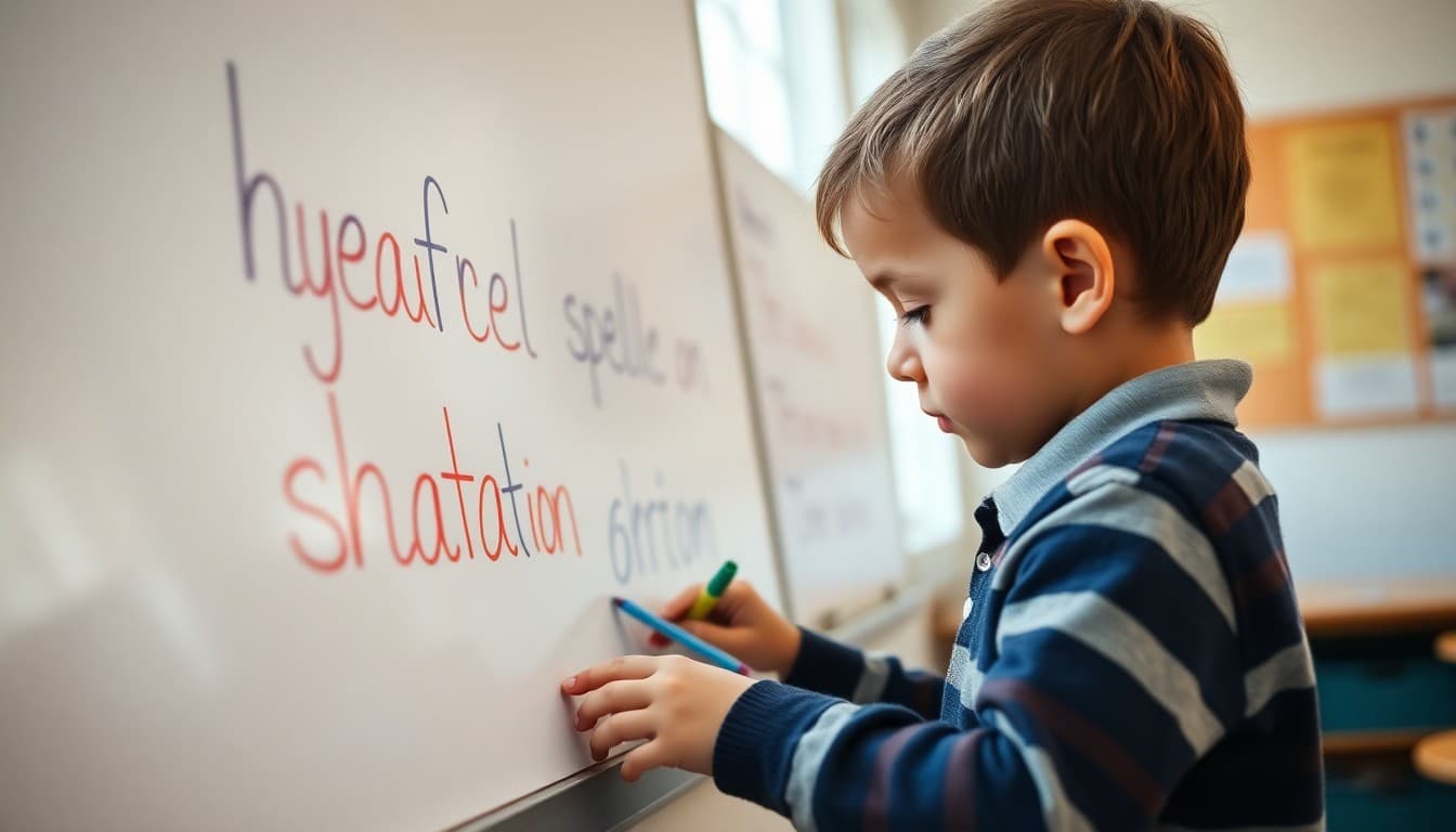 Kindergartner tracing spelling words on a whiteboard with colorful markers