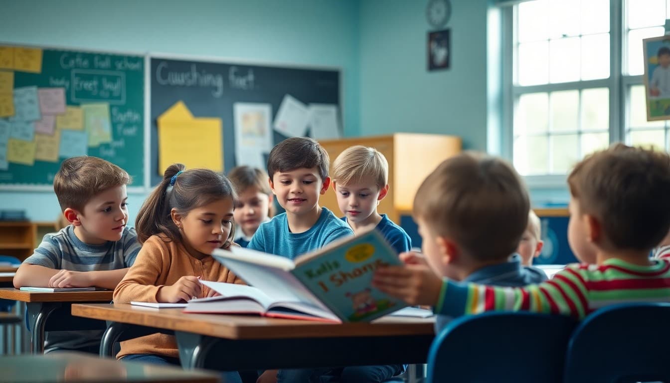 Kansas classroom students engaged in a read-aloud session with their teacher in a well-lit classroom