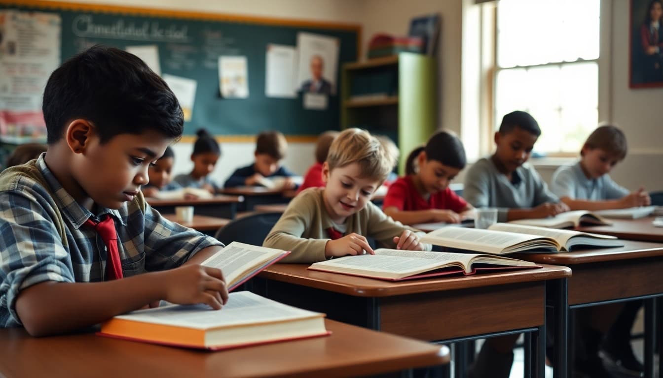 Kentucky classroom students working on a reading activity with books spread across their desks