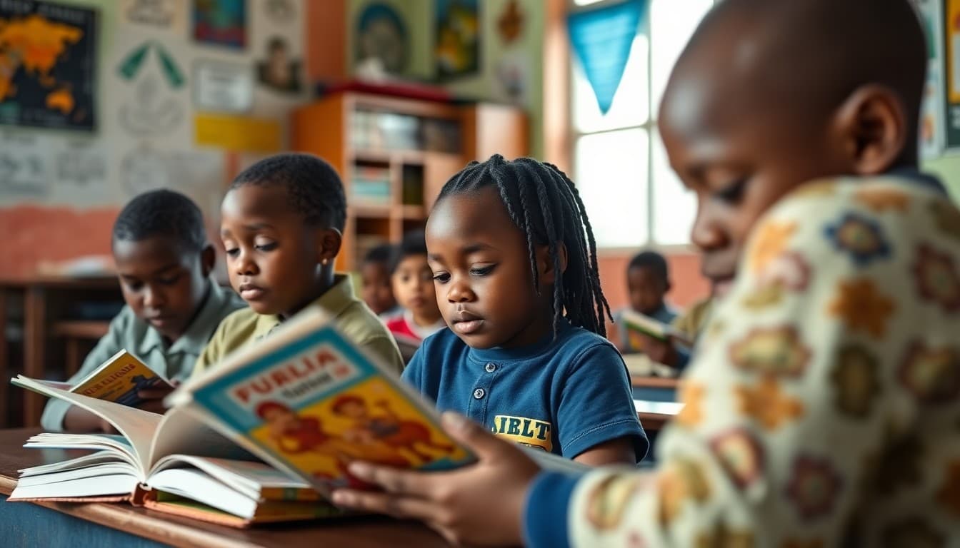 Louisiana classroom students reading books in a colorful, culturally rich classroom environment