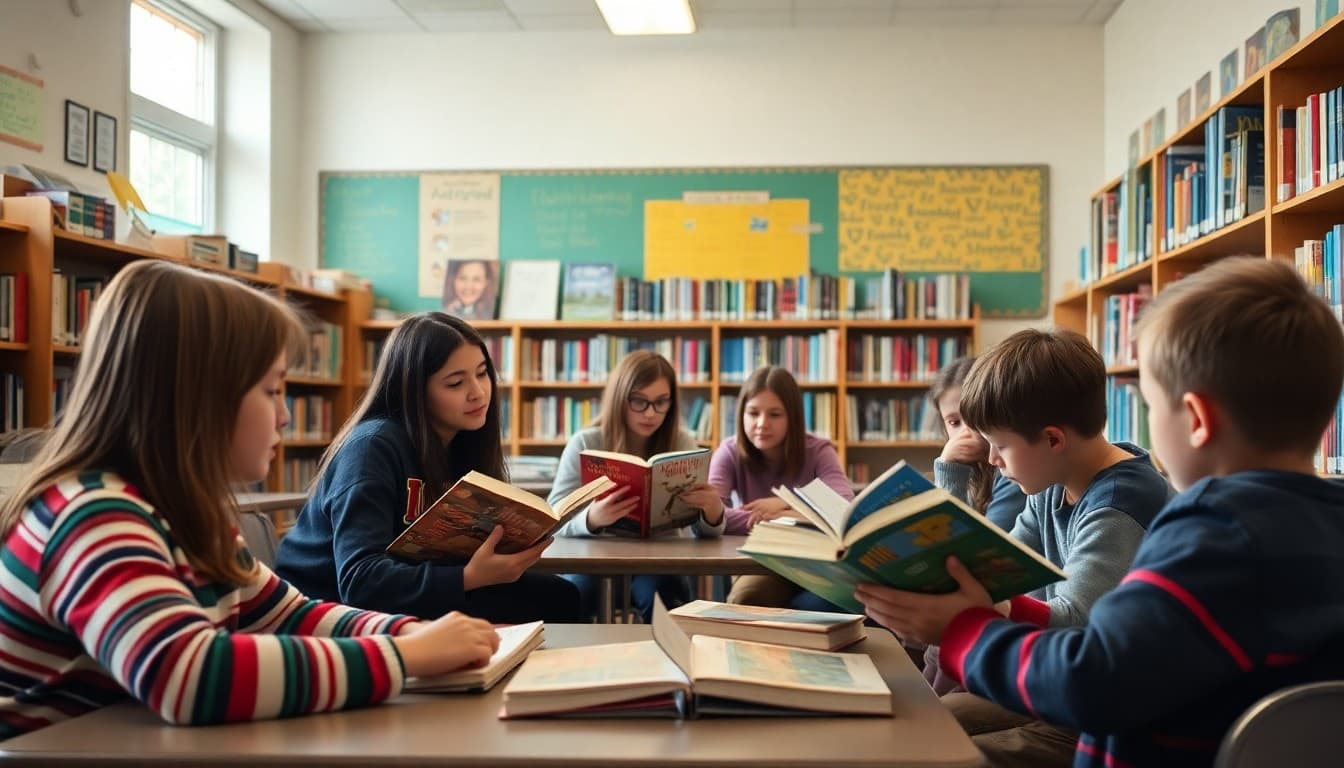 Massachusetts classroom students doing a literature discussion in a well-stocked school library