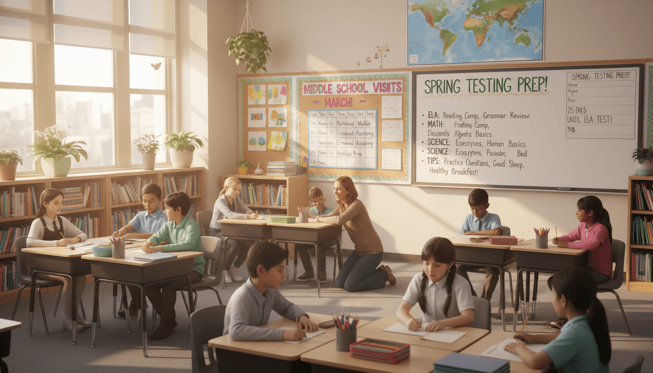 Fifth grade classroom March with middle school visit schedule and spring testing preparation board