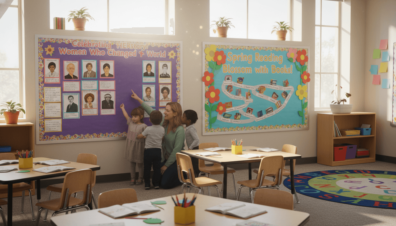 First grade classroom March with Women's History Month bulletin board and spring reading challenge display
