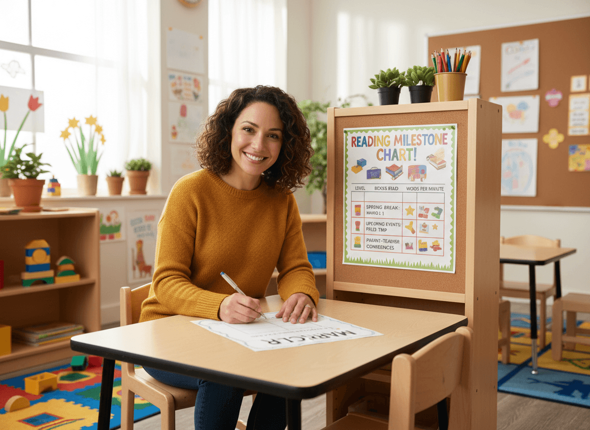 Kindergarten teacher writing March newsletter with spring break schedule and reading milestone chart