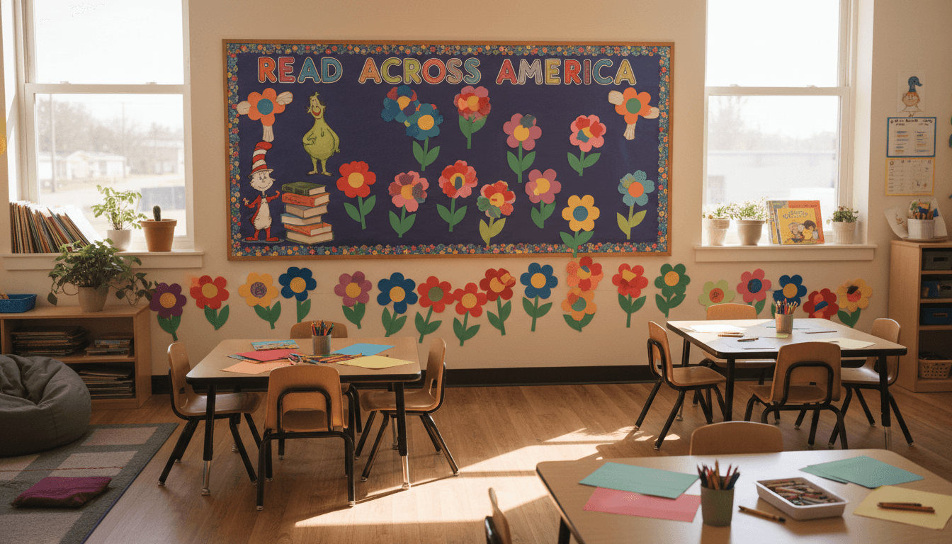Kindergarten classroom March with Read Across America bulletin board and spring flower art projects