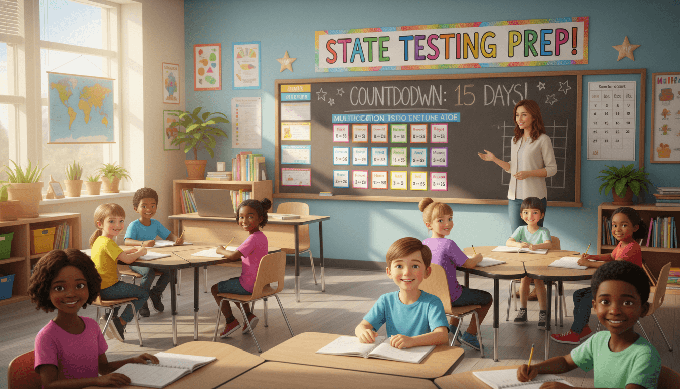 Third grade classroom March with state testing preparation countdown and multiplication facts wall display