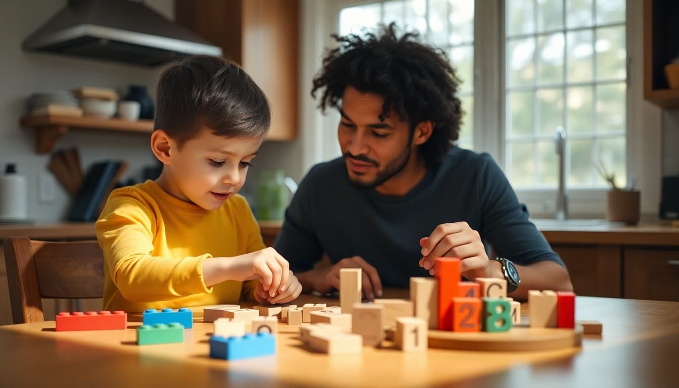 Parent and child working with base ten blocks on a kitchen table for math practice