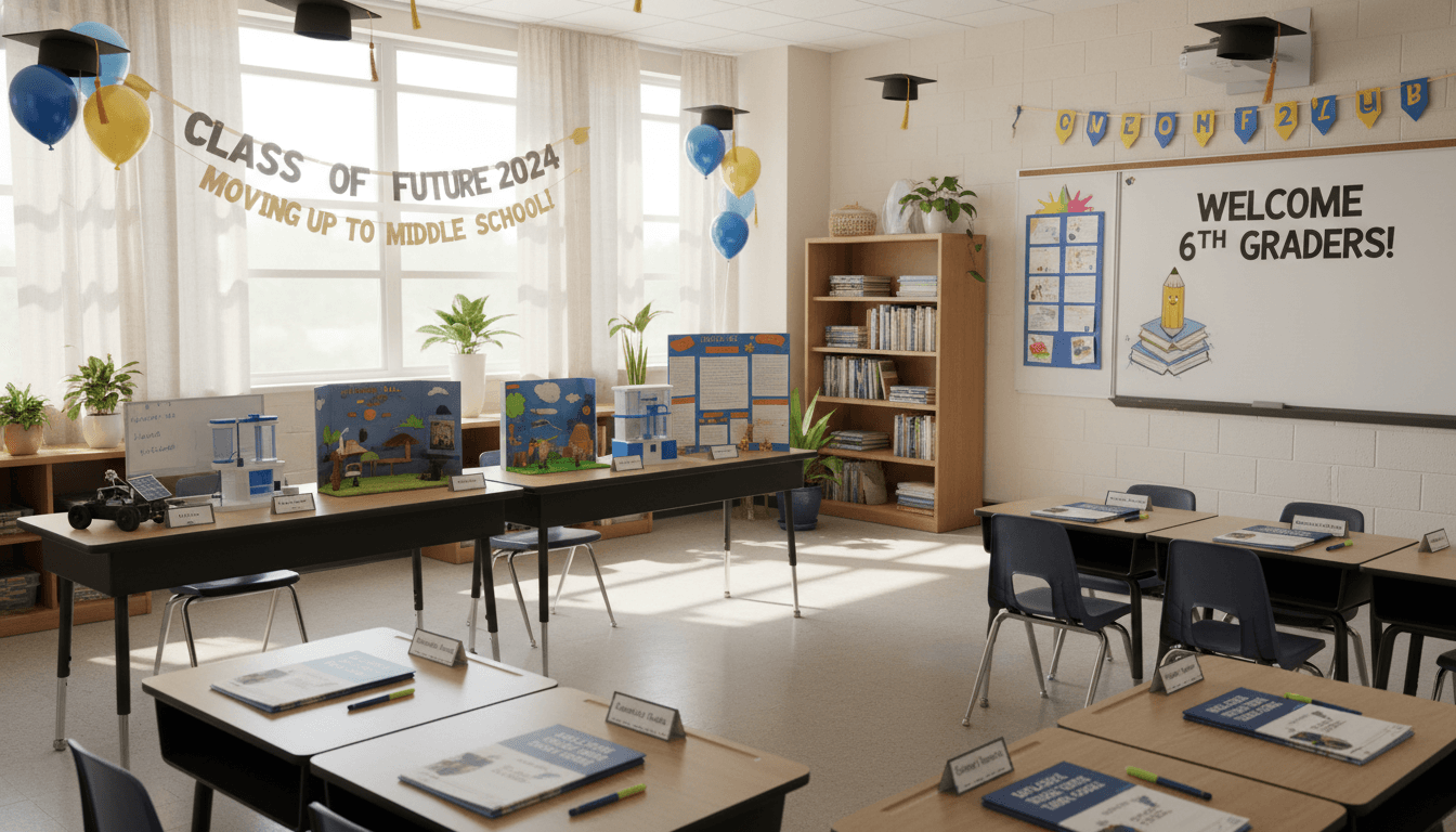 Fifth grade classroom in May with graduation decorations, capstone projects displayed, and middle school transition materials on desks