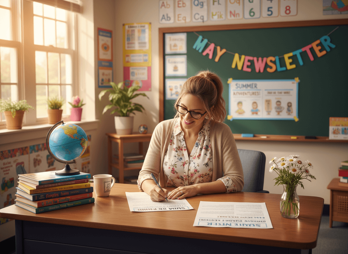 First grade teacher writing May newsletter with summer reading recommendations and end-of-year milestone summary