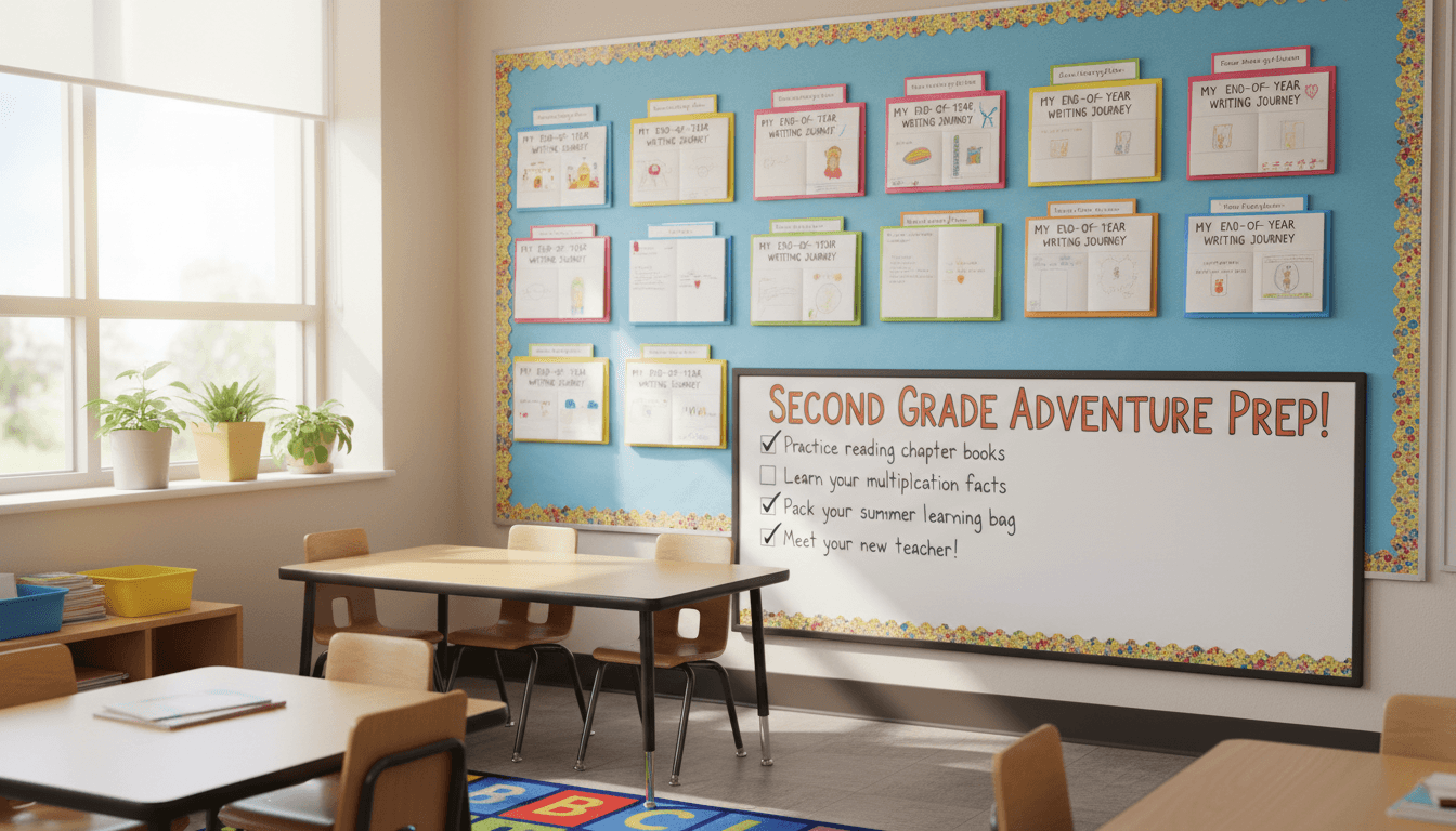 First grade classroom in May with end-of-year writing portfolios and second grade transition checklist on display