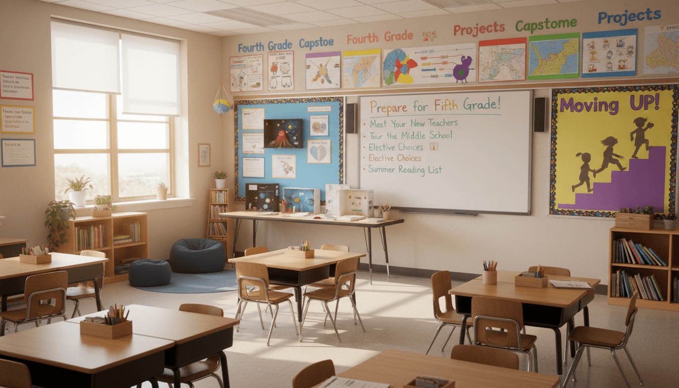 Fourth grade classroom in May with end-of-year student projects displayed and fifth grade transition materials on the board