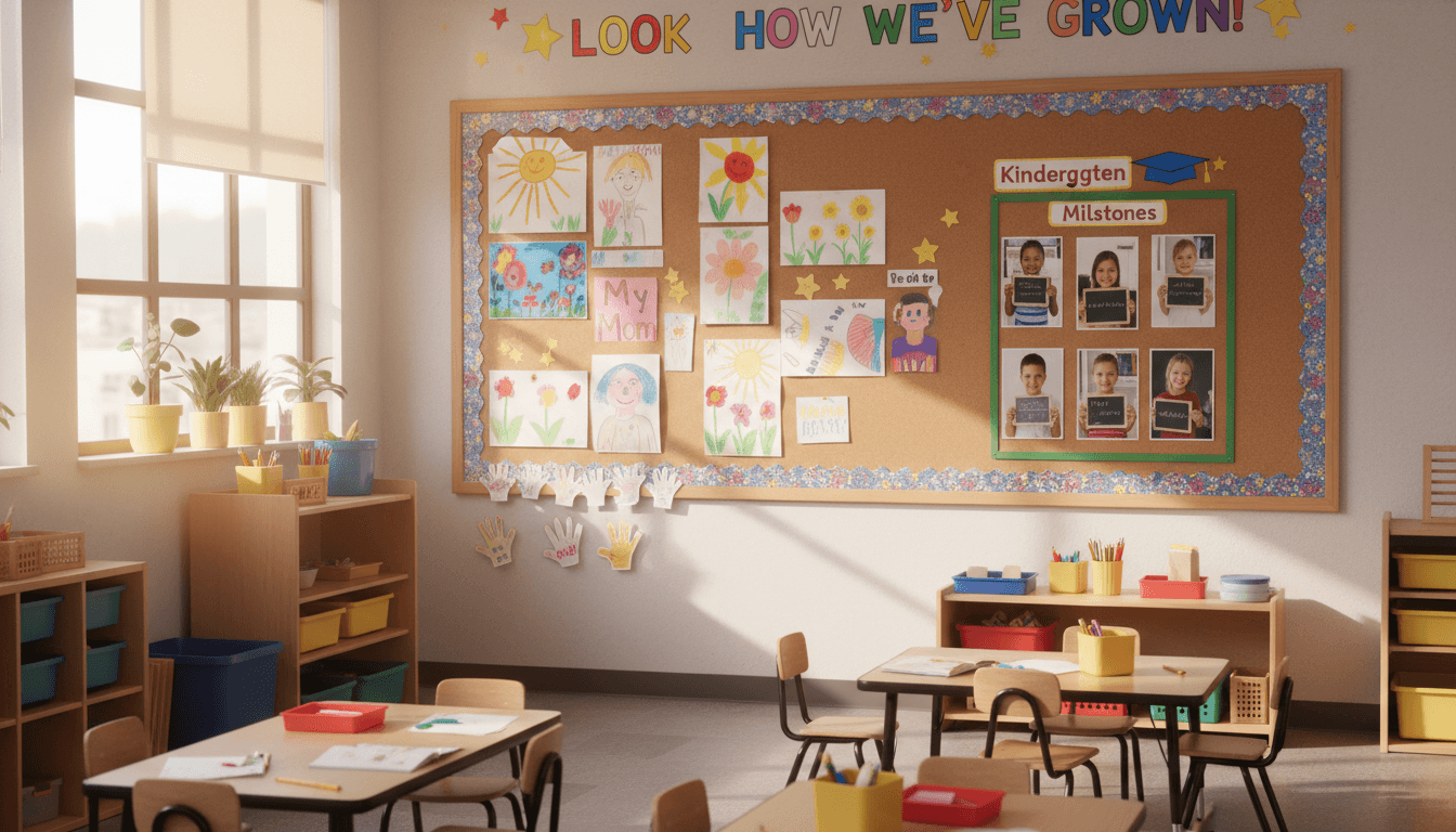 Kindergarten classroom in May with end-of-year student artwork and milestone celebration display on the bulletin board
