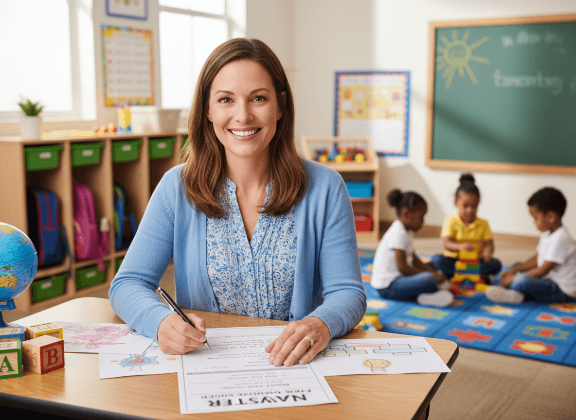 Kindergarten teacher writing a May newsletter with a first grade readiness checklist and field day notes on the desk