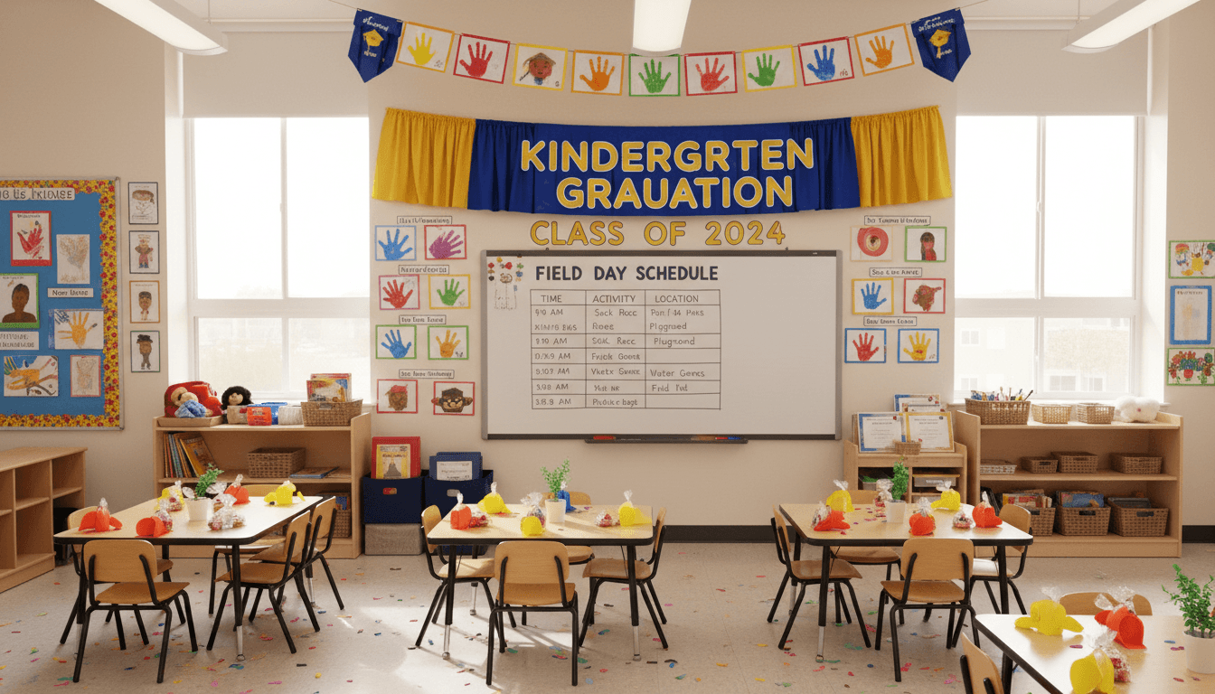 Kindergarten classroom set up for end-of-year celebrations with student milestone artwork, a kindergarten graduation banner, and field day schedules posted