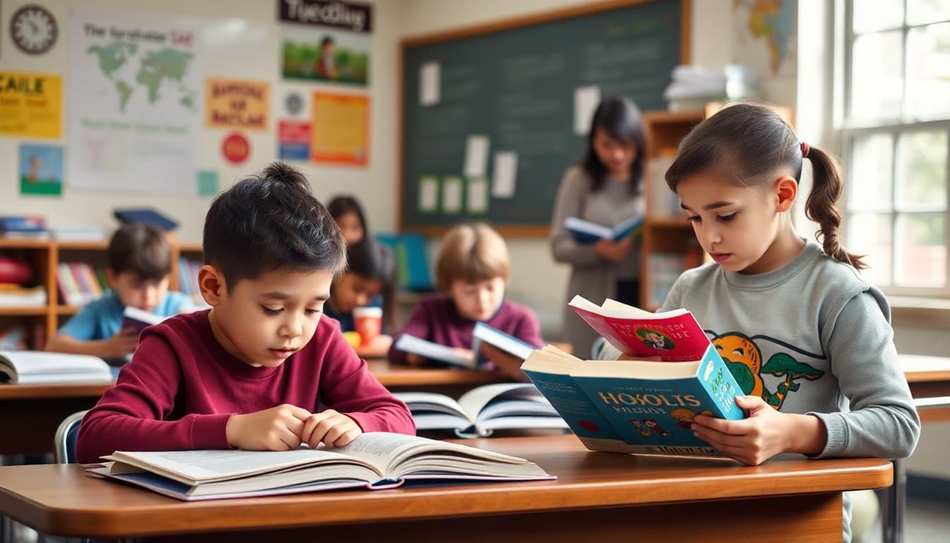 Maryland classroom students engaged in a reading workshop with the teacher circulating