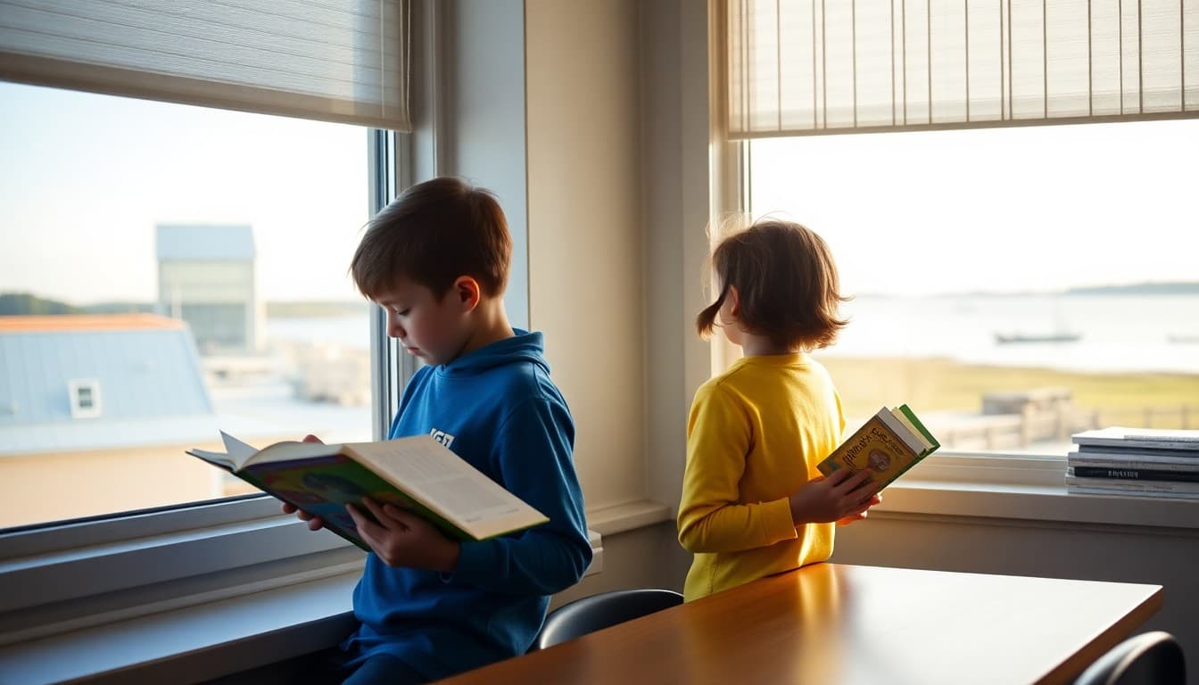 Maine classroom students reading books by a window with a coastal Maine view in the background