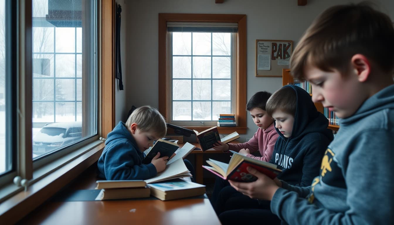 Minnesota classroom students reading books in a cozy library corner with snow visible outside