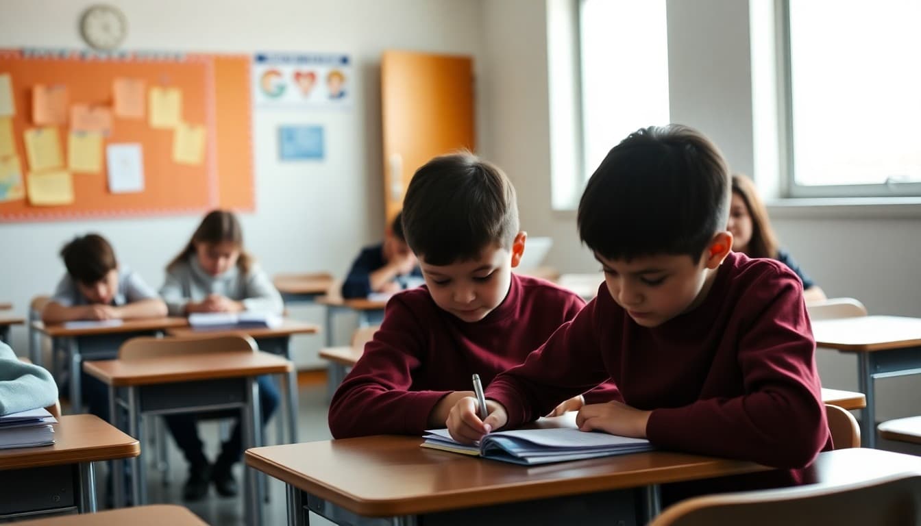 Students arriving in classroom and beginning morning work at their desks
