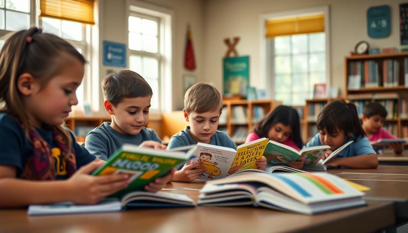 North Carolina classroom students reading in a warm, inviting elementary school library