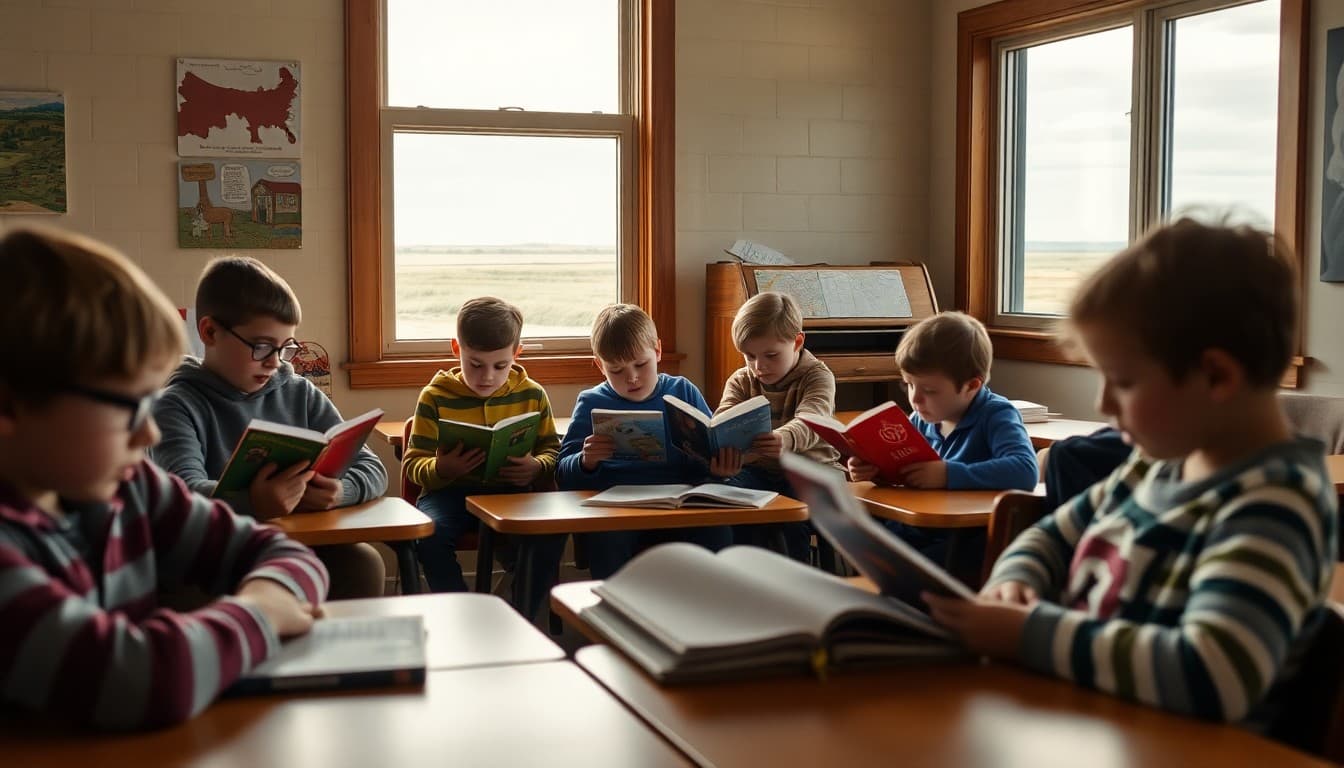 North Dakota classroom students reading in a cozy classroom with wide prairie views outside the window