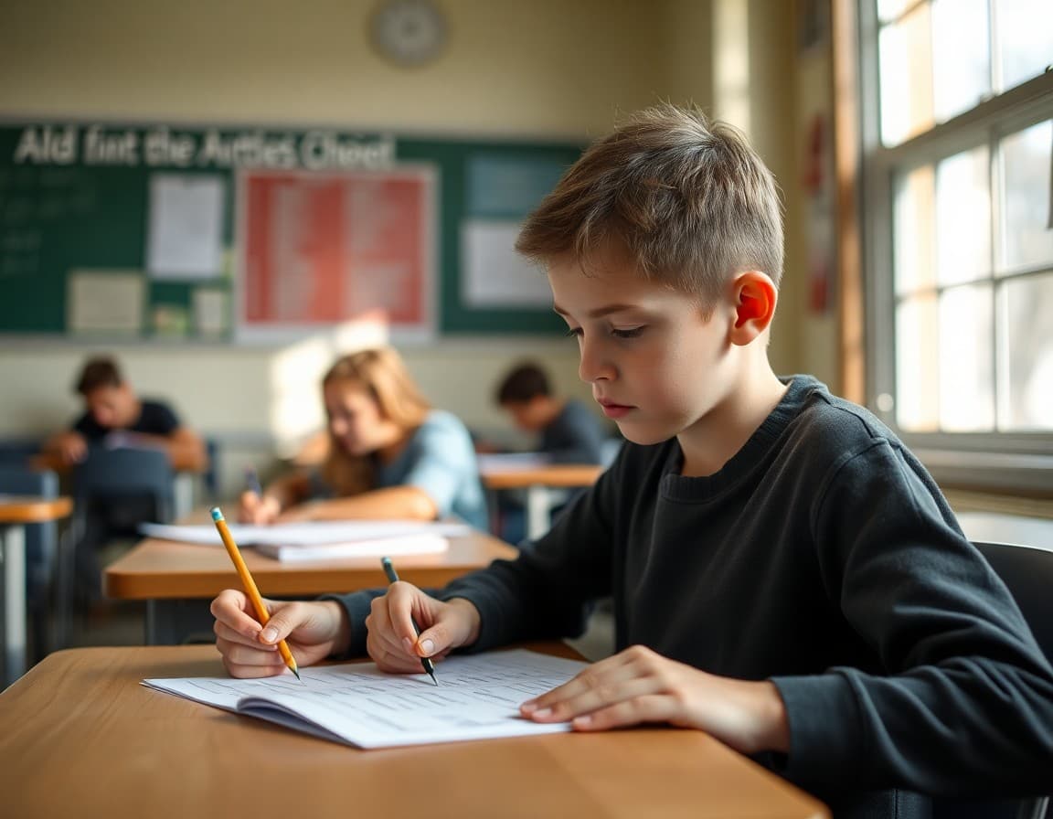 Student working through an algebra worksheet at a desk with a pencil