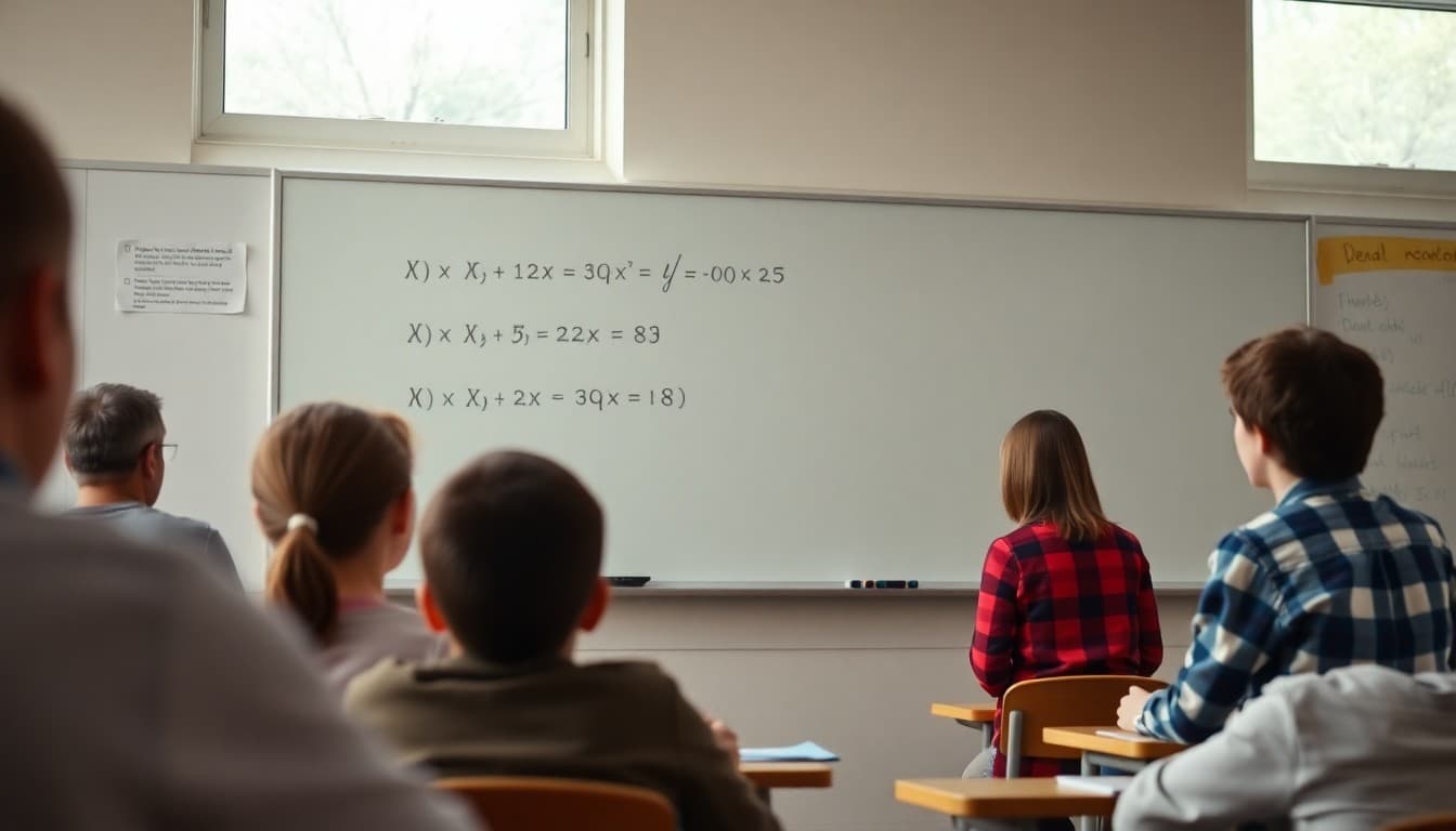 Middle school math teacher writing an equation on a whiteboard with variables
