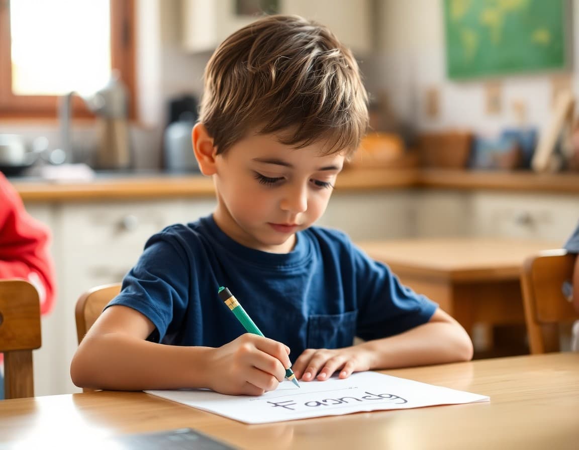 Child drawing a cartouche with their name in hieroglyphics at a kitchen table