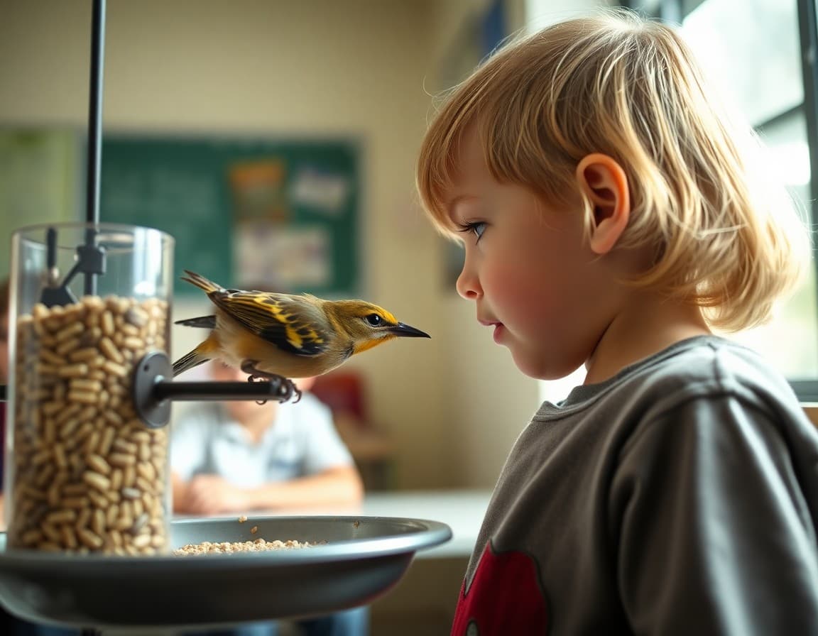Child watching a bird eat from a feeder and observing its beak shape
