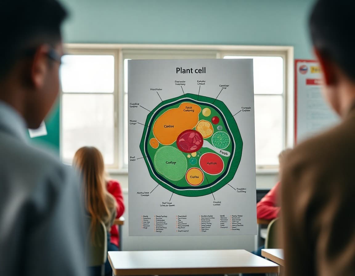 Detailed diagram of a plant cell with labeled organelles on a classroom poster