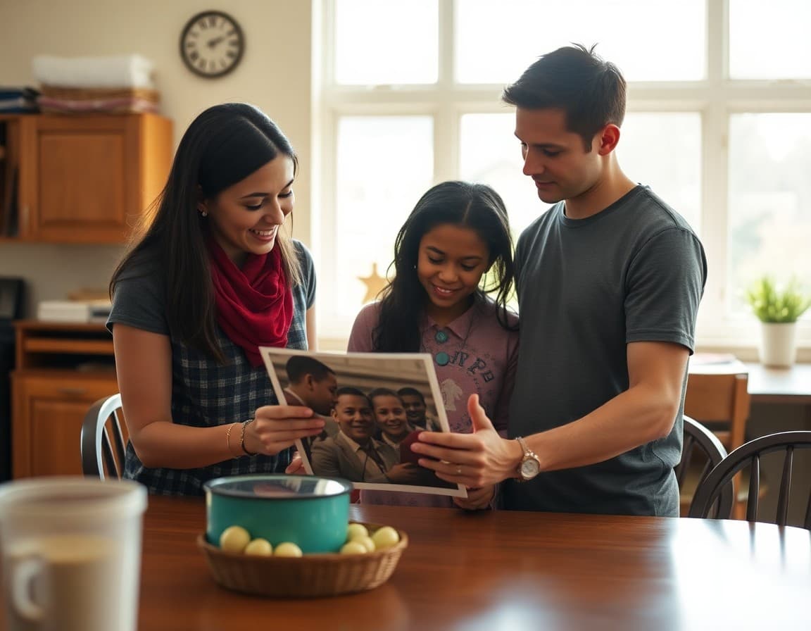 Family discussing a civil rights era photograph together at the kitchen table