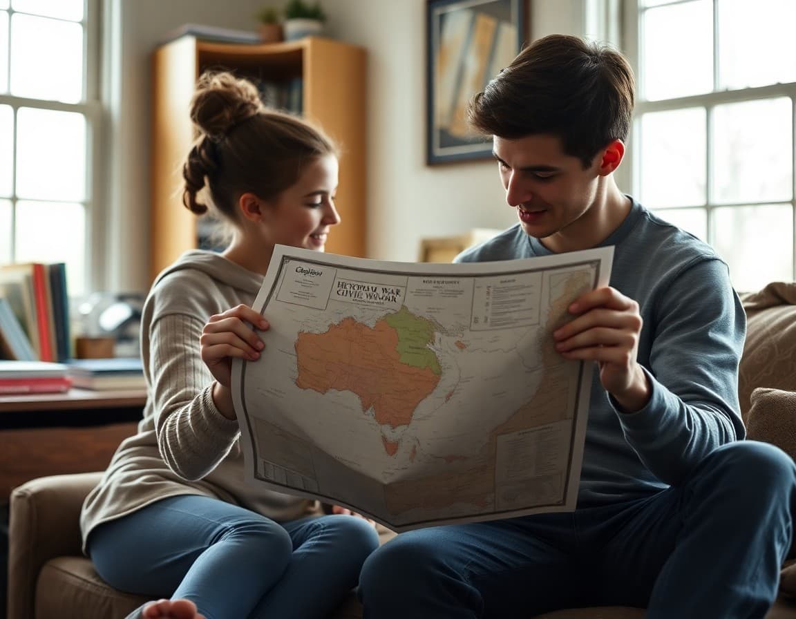 Family looking at a historical map of the Civil War together at home