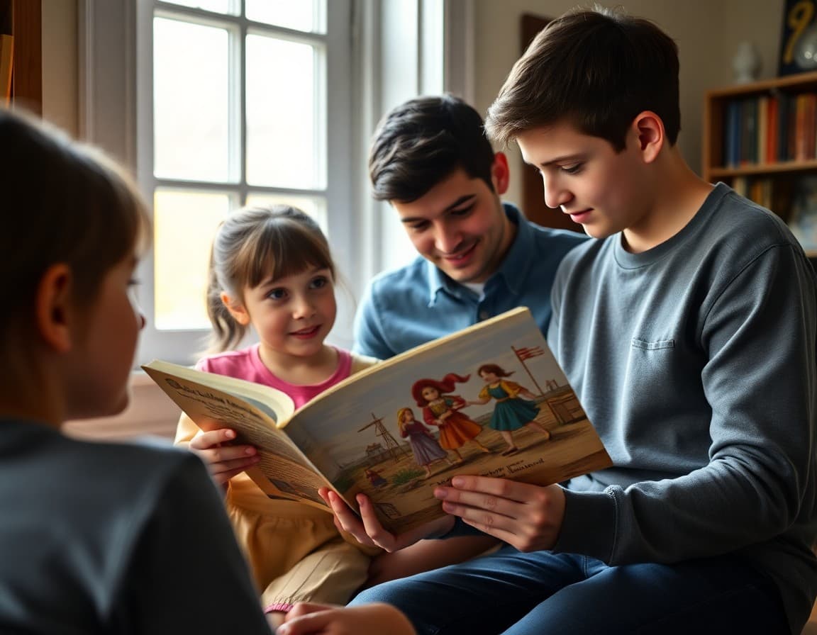 Family looking at an illustrated book about colonial American life at home