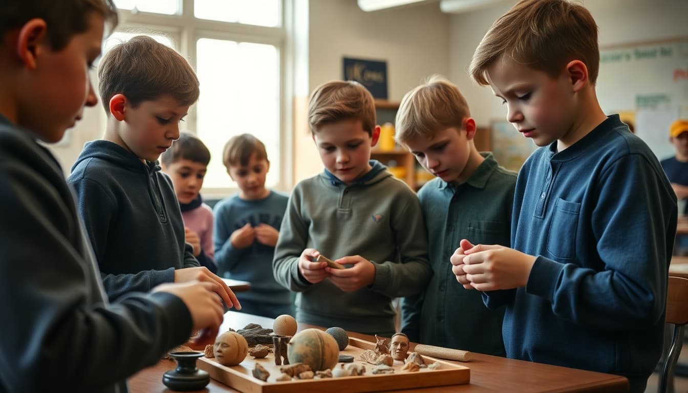 Students examining artifacts from colonial America in a social studies classroom