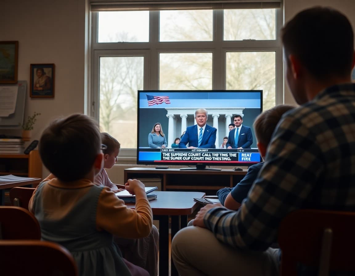 Family watching a news clip about a Supreme Court case and discussing it together
