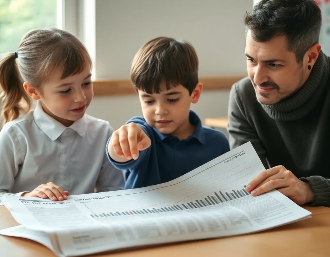 Child pointing to a line graph in a newspaper with a parent