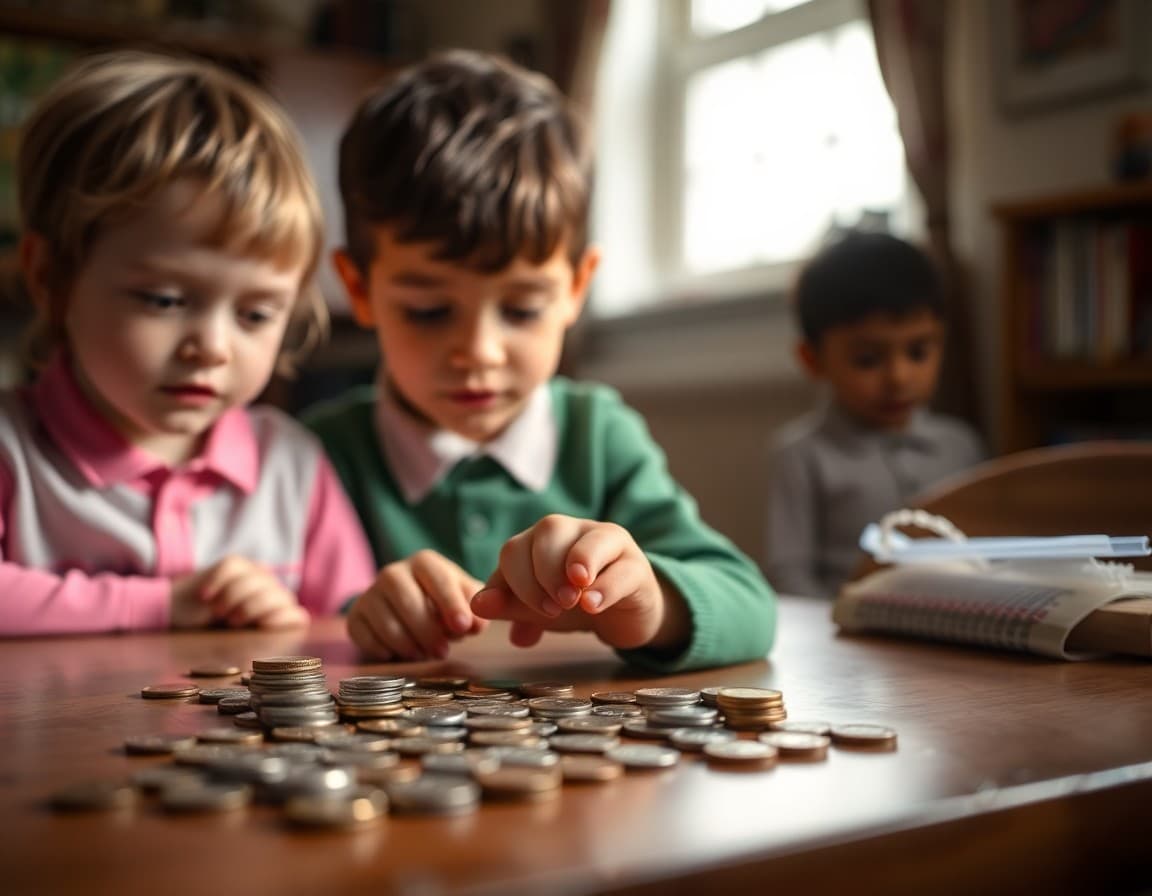 Child counting coins on a table as a decimal practice activity at home