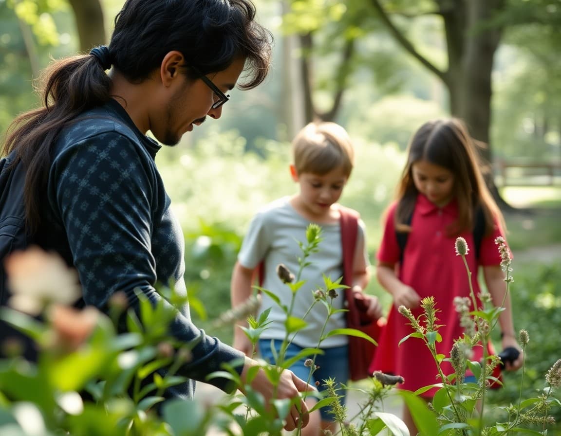 Family walking through a local park noticing plants and animals in the ecosystem