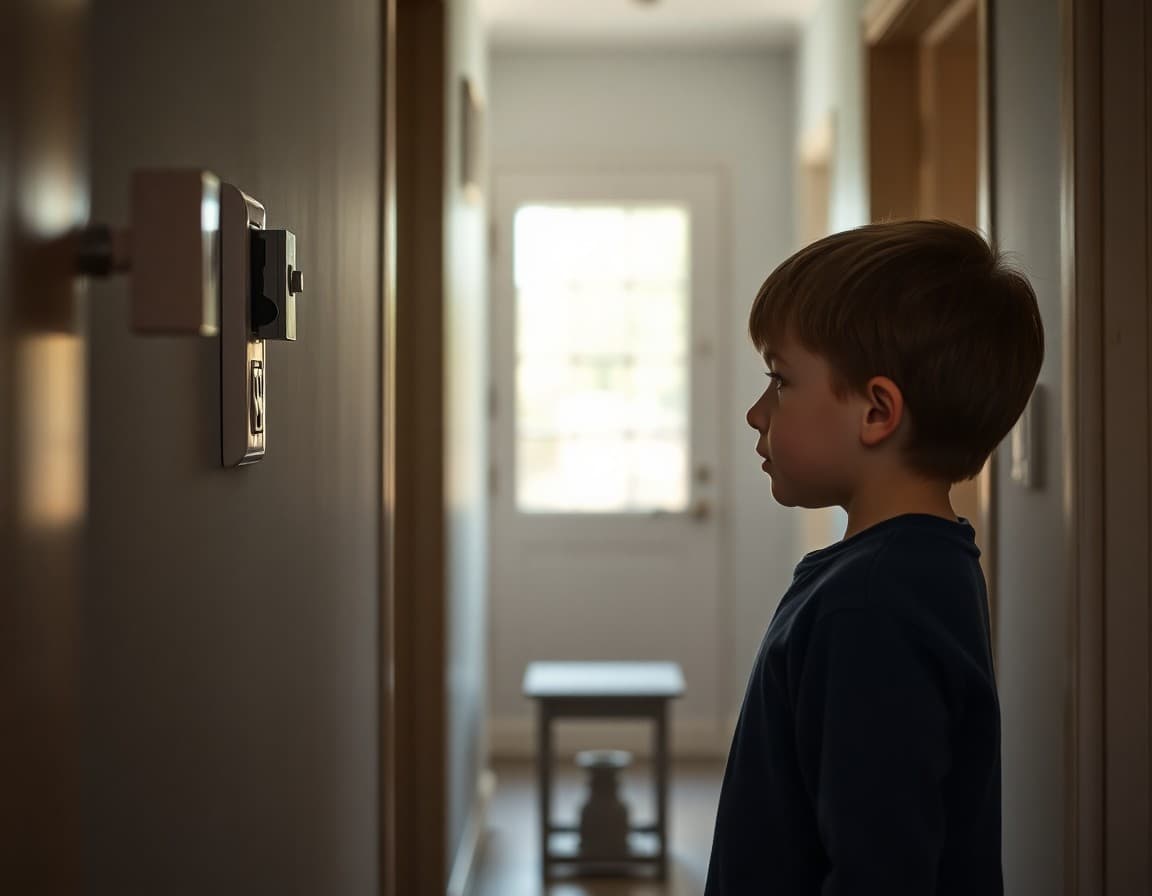 Child looking at a light switch and electrical outlet in a home hallway
