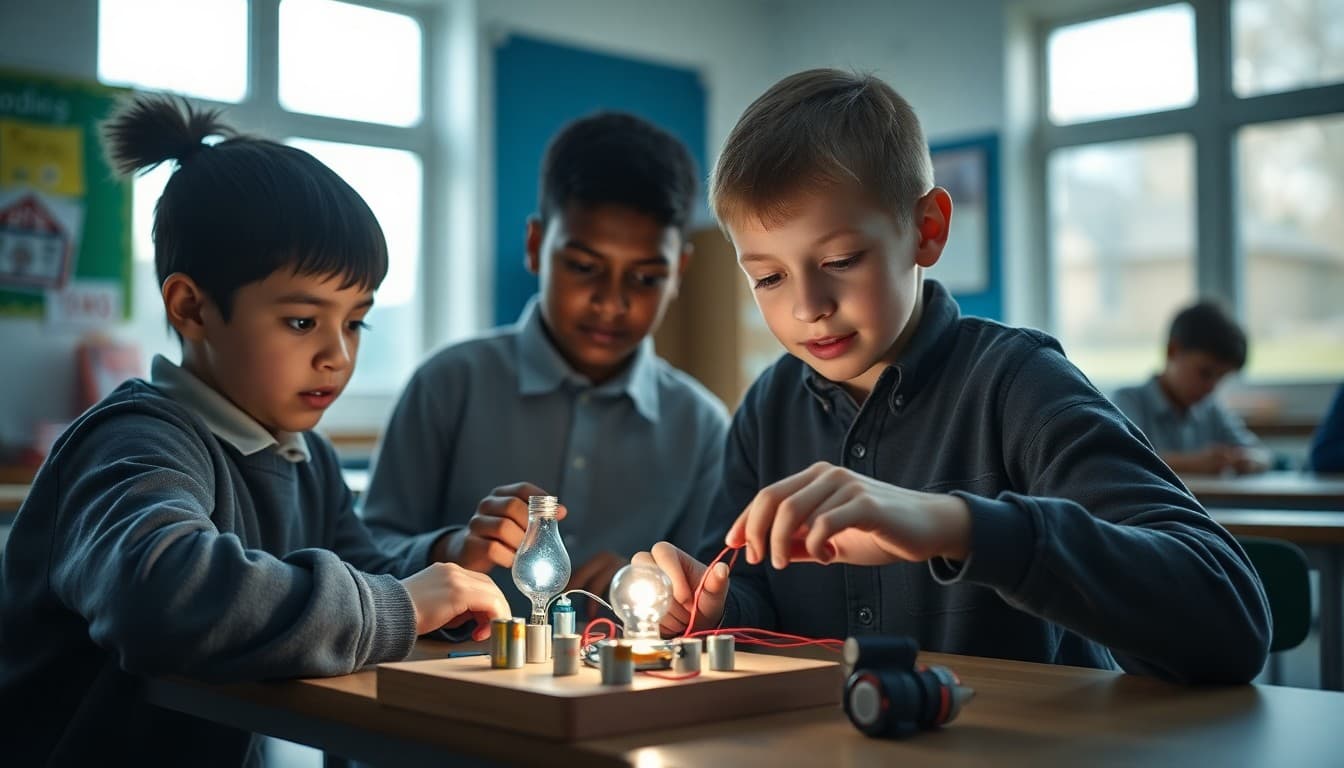 Students building a simple circuit with batteries, wires, and a light bulb in class
