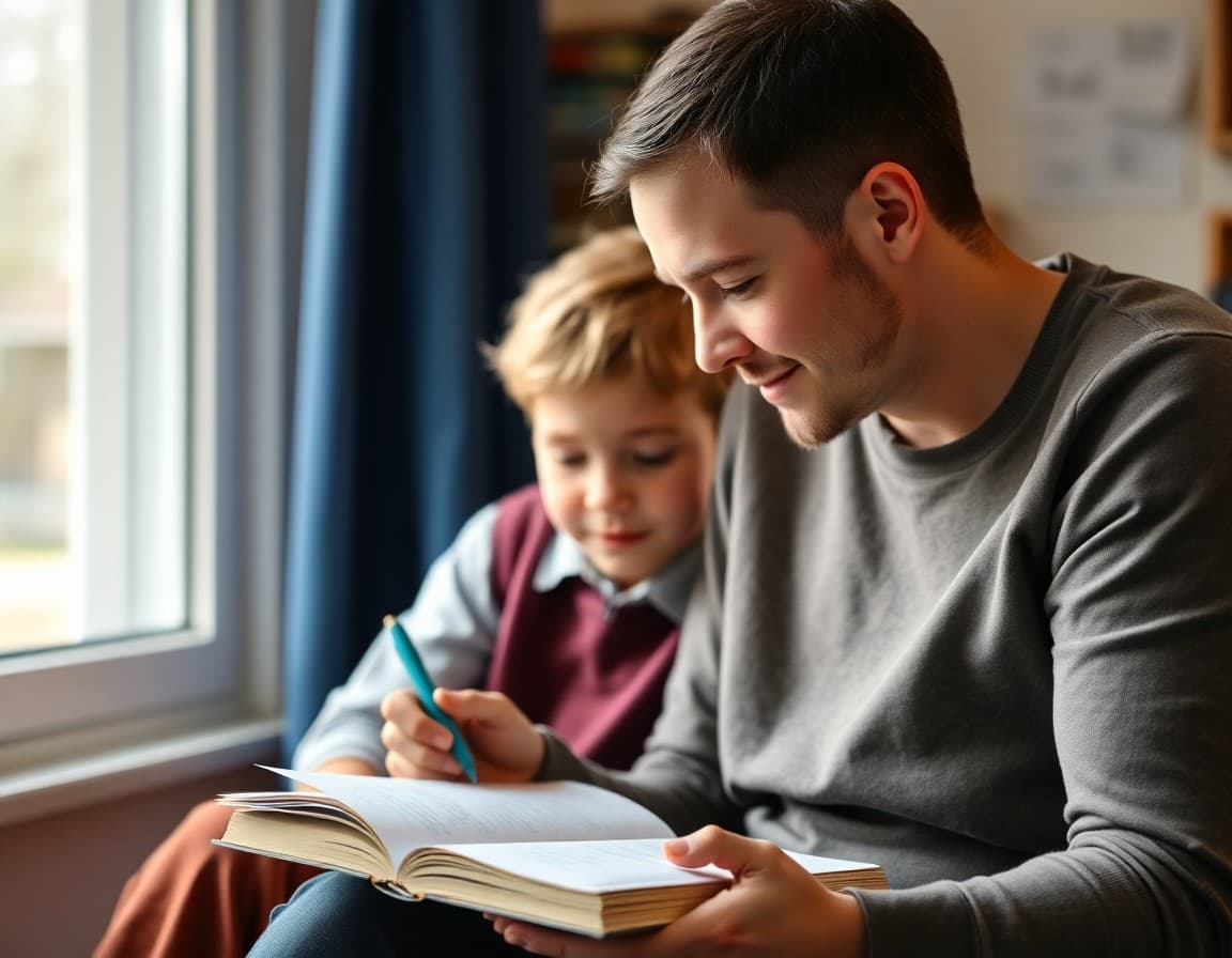 Child reading their handwritten story to a parent at home
