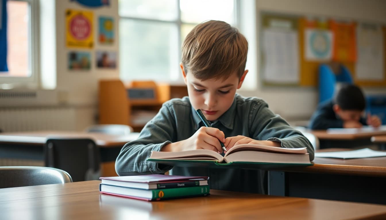 Student writing a fiction story in a notebook at a classroom writing workshop table