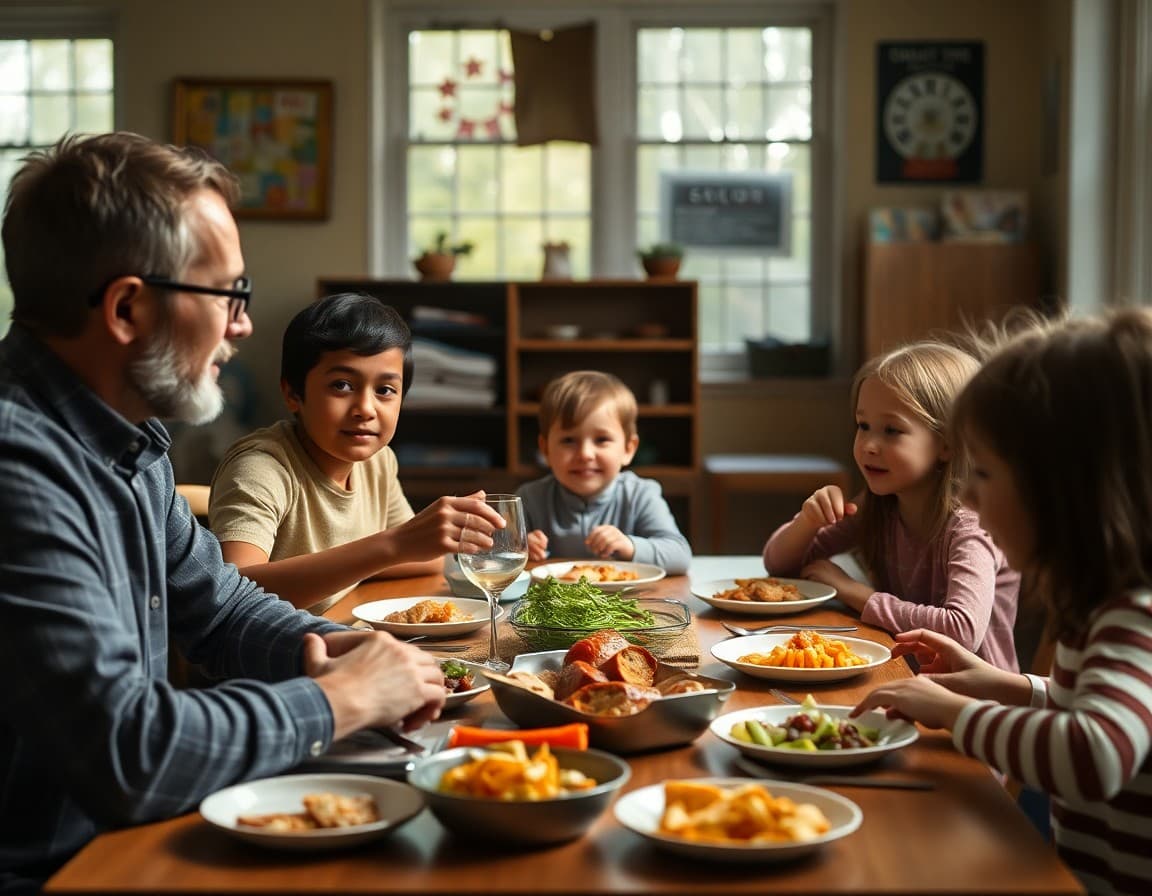Family at a dinner table with a parent explaining where food in a meal comes from