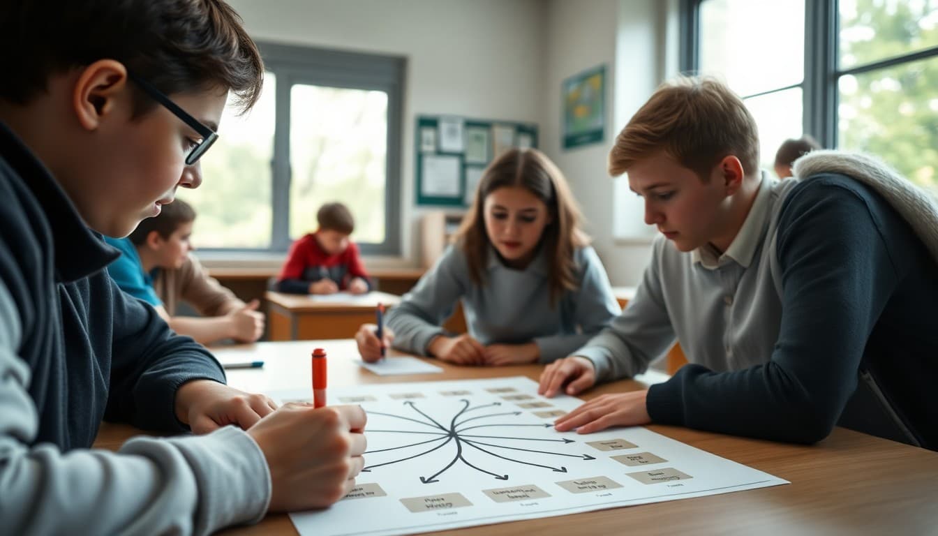 Students working on a food web diagram with arrows showing energy flow