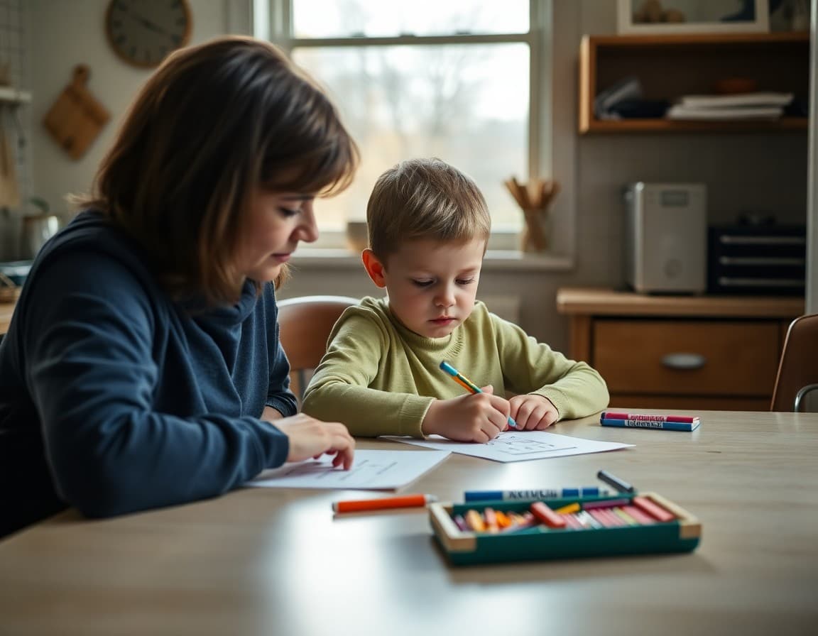Child working on fraction problems at a kitchen table with a parent