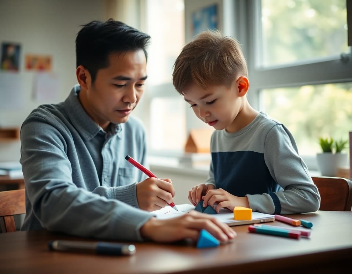 Parent and child drawing geometric shapes on paper at home