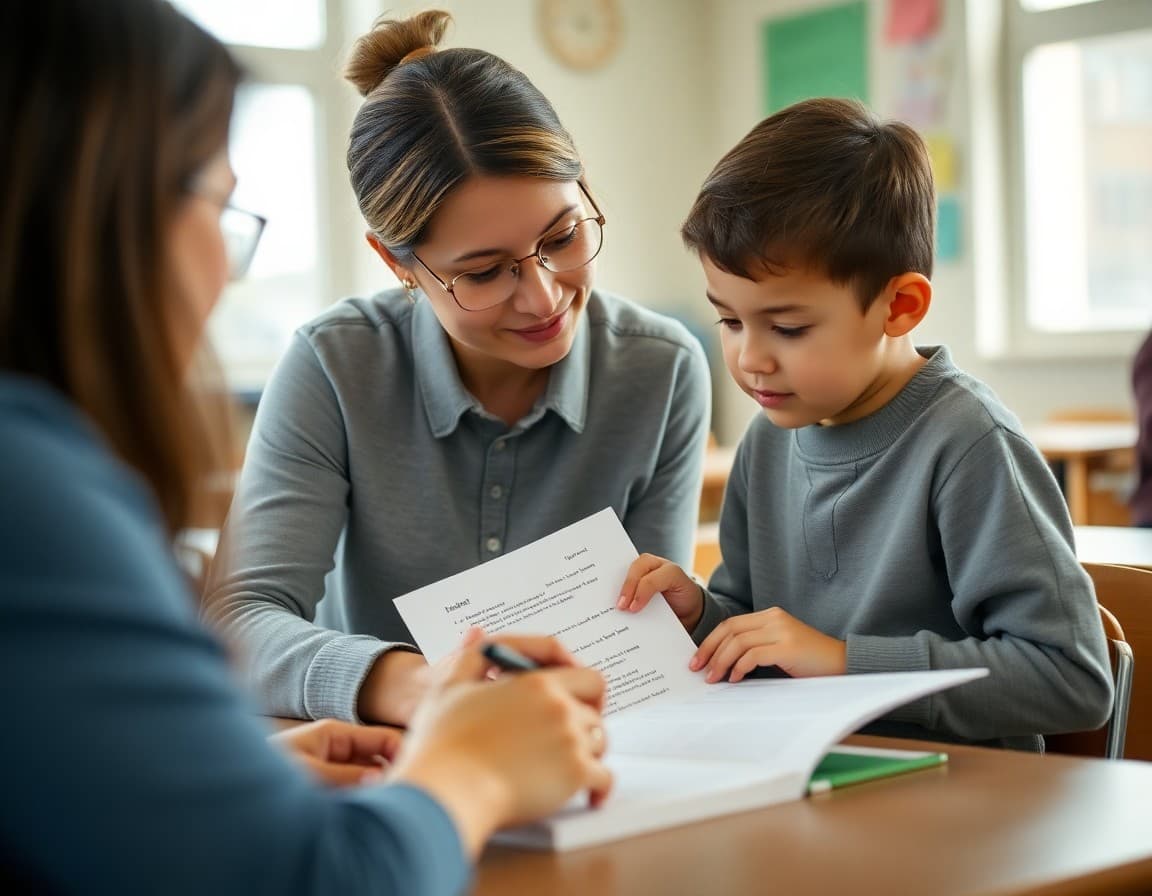Parent helping a child review grammar corrections on a returned writing assignment