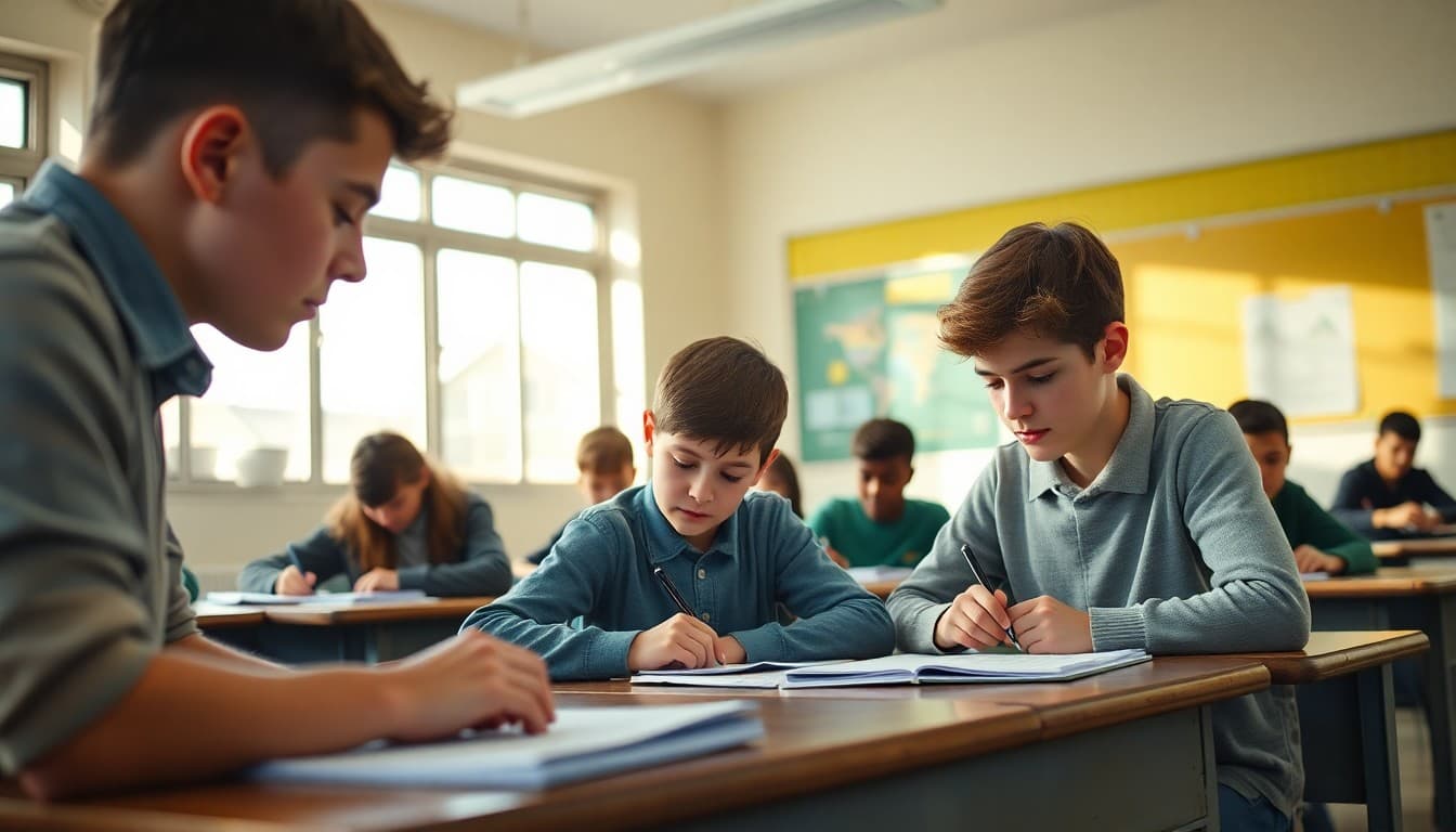 Students working on sentence diagramming and grammar exercises in a classroom