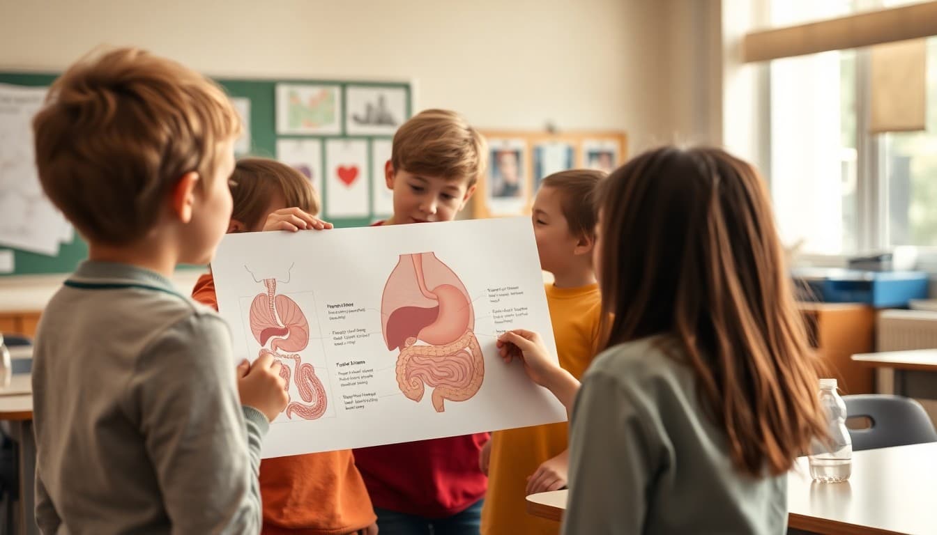 Students labeling a diagram of the human digestive system in a science class