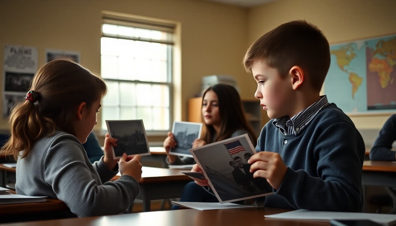 Students looking at photographs of Ellis Island immigrants in a history classroom
