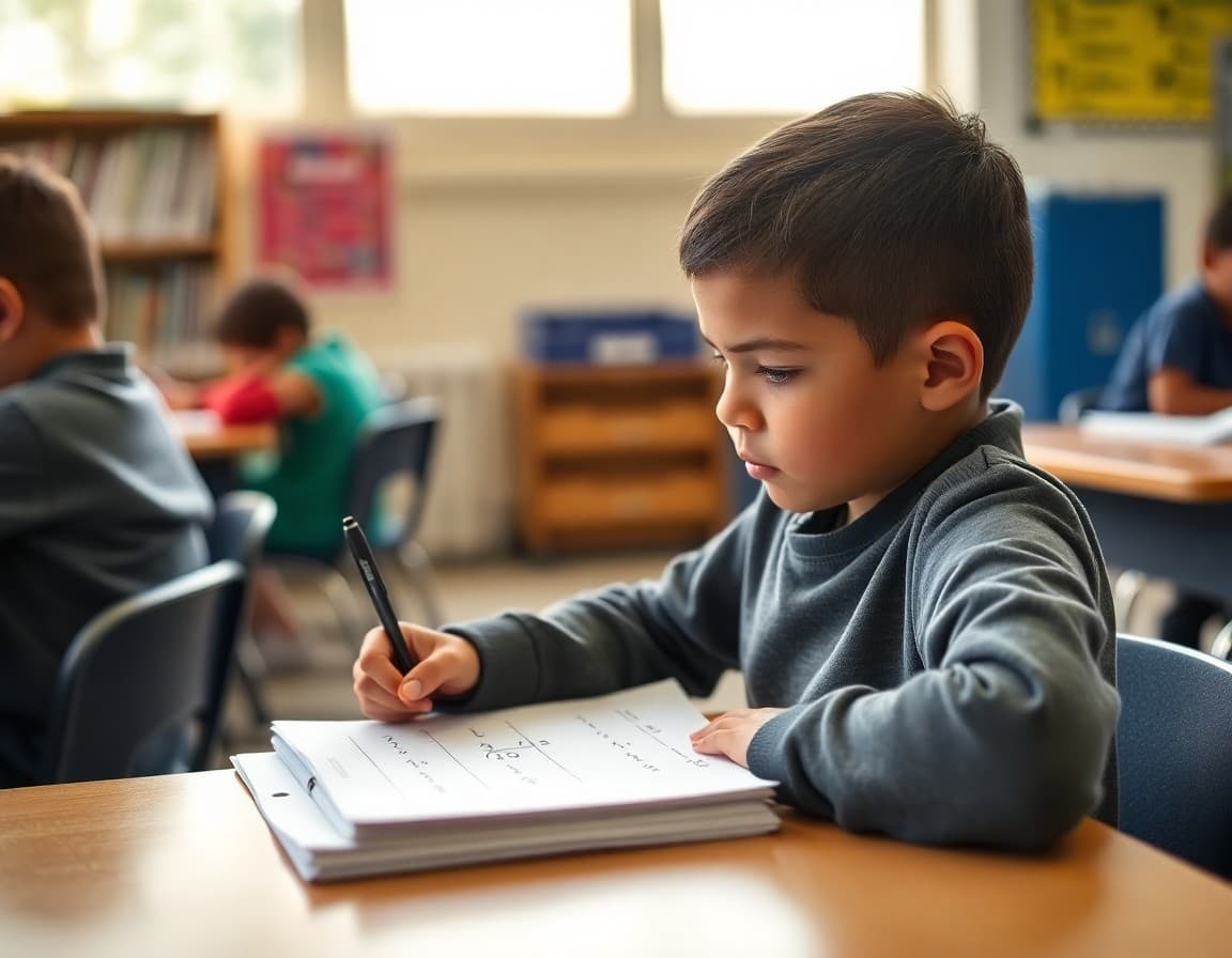 Fourth grader working through a long division problem on a worksheet